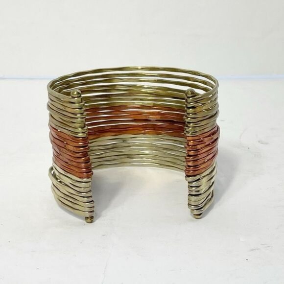 Stacked Hammered Mixed Metal Cuff Bracelet Gold Copper Tones Open Design Stylish - Picture 4 of 8